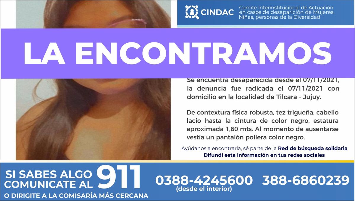 Una joven desaparecida en Tilcara fue localizada en Mariano Moreno