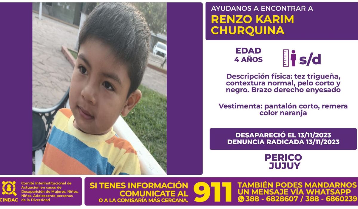 Intensa búsqueda para dar con Renzo Karim Chuquina de 4 años de edad en Perico.